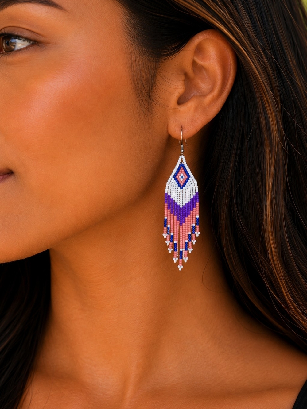 Boho Seed Bead Fringe Earrings  Purple, Pink & White Indigenous Western Cowgirl